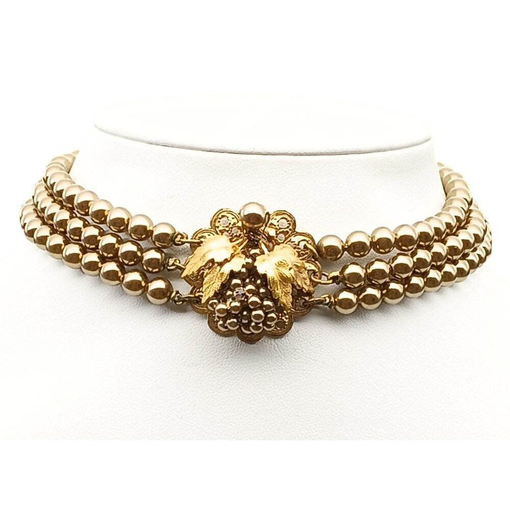 Vintage Gold-Tone Triple-Strand Beaded Choker Necklace with Floral Grapevine
